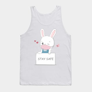 stay safe message with cute rabbit wearing face mask cartoon hand drawn Tank Top